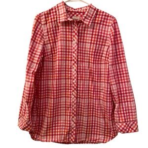 Talbots Plaid Blouse Top Pinks Peach White button up Collar Casual Cotton SZ M